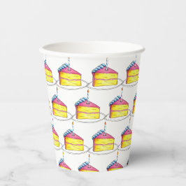 Roze gele laag Happy Birthday Cake Slice Candle Papieren Bekers