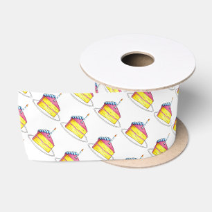 Roze gele laag Happy Birthday Cake Slice Candle Satijnen Lint