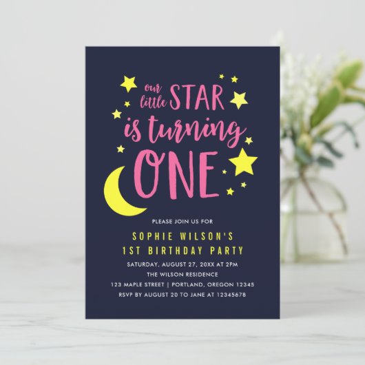 Roze Gele Maan en Sterren 1e Verjaardag Uitnodigin Kaart (Staand voorkant)