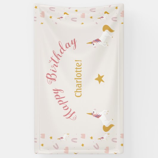 Roze Gele Magische Eenhoorns & Regenbogen Spandoek (Verticaal)