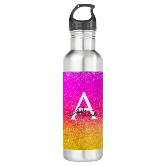 Roze gele monogram regenboog Sparkle Waterfles (Voorkant)