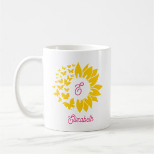 Roze Gele Monogram Zonnebloem Vlinders Koffiemok