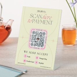 Roze & Gele QR Code Tekenen - Vrouwelijke Betaling Reclamebord Met Voetstuk