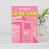 Roze gele retro Afstudeerfeest Kaart (Staand voorkant)