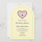 Roze Gele Retro Huwelijksuitnodiging met QR-code Kaart (Voorkant)