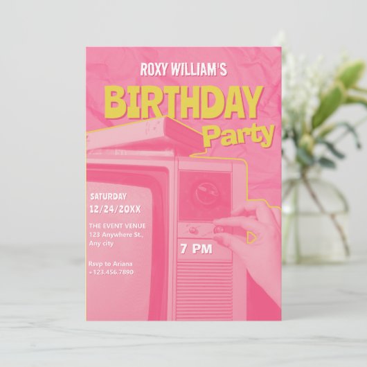 Roze gele retro verjaardag kaart (Staand voorkant)