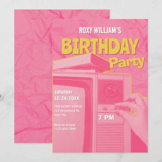 Roze gele retro verjaardag kaart (Voorkant / Achterkant)