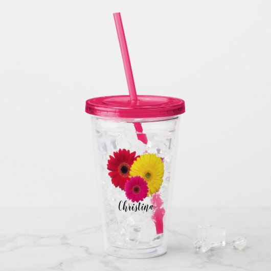 Roze gele rode Gerbera Daisy | Gepersonaliseerd Acryl Drinkbeker (Voorkant ijs)