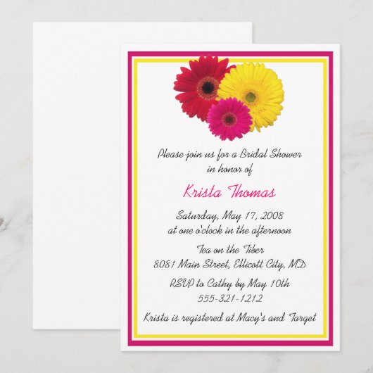 Roze gele rode Gerbera Daisy Shower-uitnodigingen Kaart (Voorkant / Achterkant)
