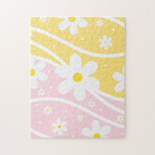 Roze gele roovy Retro Sunshine 60 s Daisy Floral Legpuzzel
