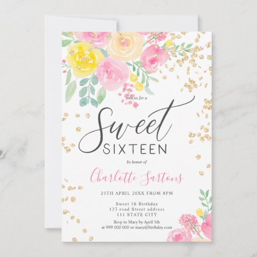 Roze gele rozen bloemengoud script zoet 16 kaart (Voorkant)