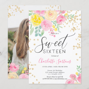 Roze gele rozen bloemengoud script zoet 16 kaart