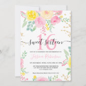 Roze gele rozen floral gold script Sweet 16 Kaart (Voorkant)