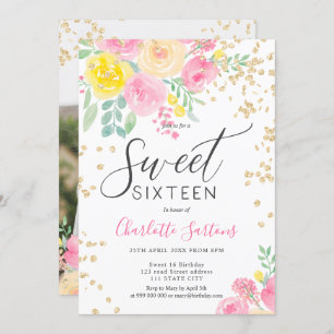 Roze gele rozen floral gold script, zoet 16 kaart