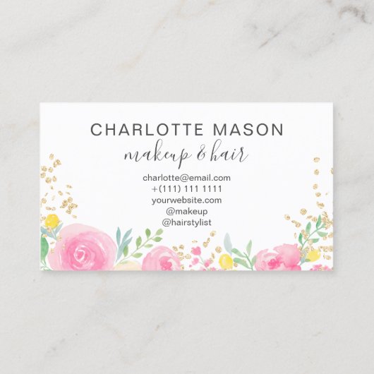 Roze gele rozen florale waterverf goudmake-up visitekaartje (Achterkant)