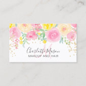 Roze gele rozen florale waterverf goudmake-up visitekaartje (Voorkant)