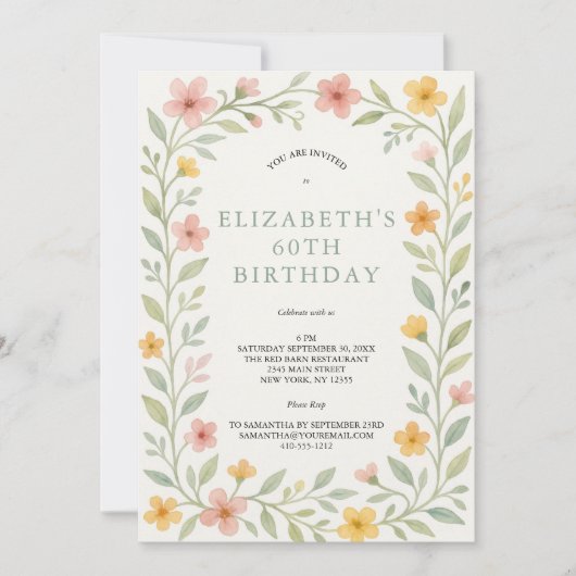 Roze Gele Sage Groene Bloemen Waterverf 60th Kaart (Voorkant)