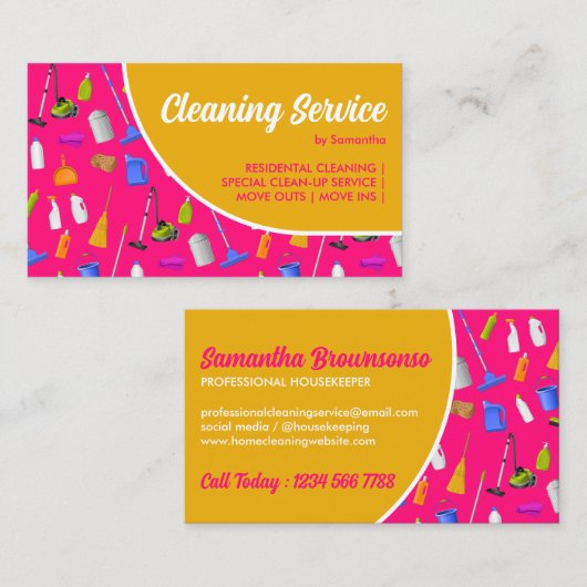 Roze gele schoonmaakservice voor moderne woningen visitekaartje (Voorkant / Achterkant)