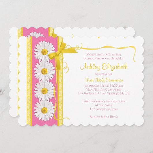 Roze gele Shasta Daisy Communion Kaart (Voorkant / Achterkant)