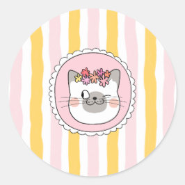 Roze Gele Strepen Kat Ronde Sticker