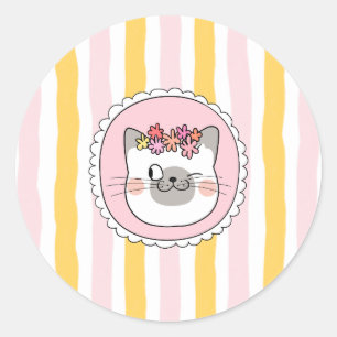 Roze Gele Strepen Kat Ronde Sticker
