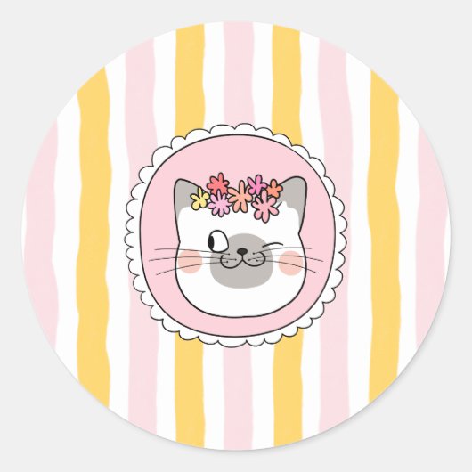 Roze Gele Strepen Kat Ronde Sticker (Voorkant)