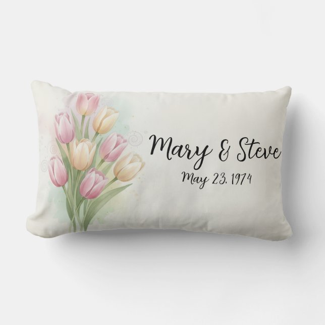 Roze & Gele Tulp Bloemboeket Jubileum Kussen (Voorkant)