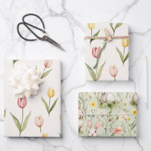 Roze Gele Tulp Bloemen Pasen Inpakpapier Vel