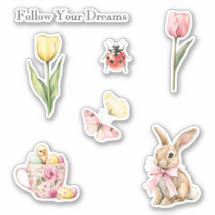 Roze Gele Tulpen Vlinders Konijn Lieveheersbeestje Sticker