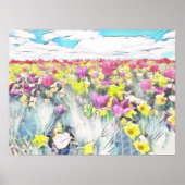 Roze gele velden van Tulps Retro Tekening Poster (Voorkant)