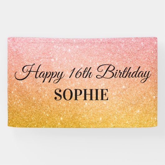 Roze Gele Verjaardag Party Glitter Spandoek (Horizontaal)