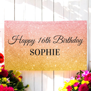 Roze Gele Verjaardagsfeest Glitter  Spandoek