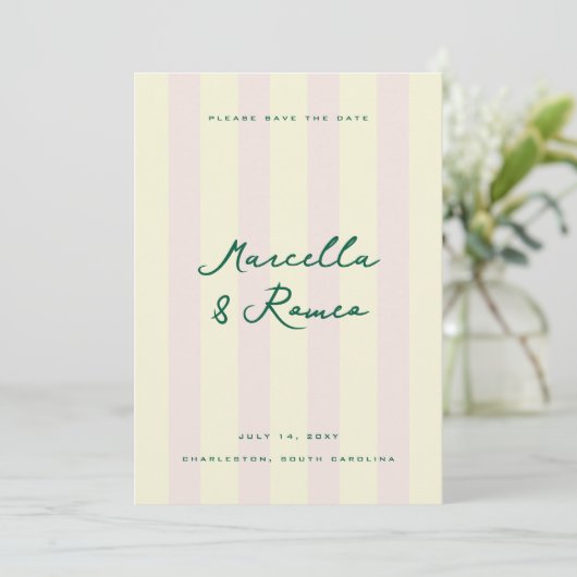 Roze Gele Verticale Strepen Modern Save the Date Kaart (Staand voorkant)