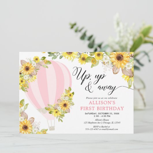 Roze gele warmteballon kaart (Staand voorkant)