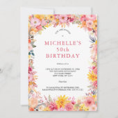 Roze Gele Waterverf Bloemen 50ste Verjaardag Haar Kaart (Voorkant)