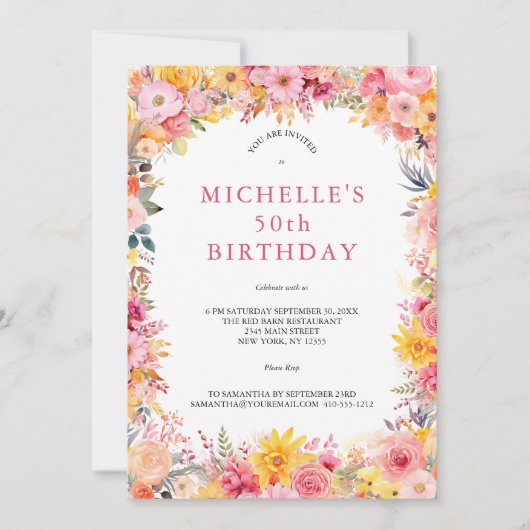 Roze Gele Waterverf Bloemen 50ste Verjaardag Haar Kaart (Voorkant)