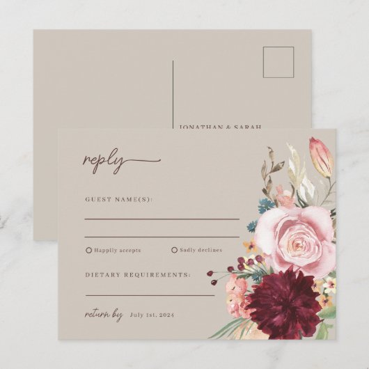Roze & Gele Waterverf Bloemen Bruiloft RSVP Briefkaart (Voorkant / Achterkant)