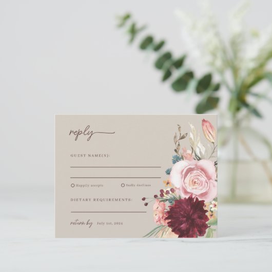Roze & Gele Waterverf Bloemen Bruiloft RSVP Briefkaart (Staand voorkant)