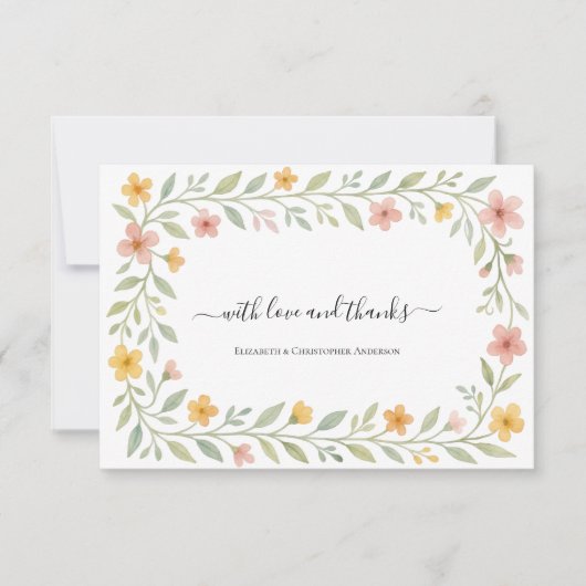 Roze Gele Waterverf Bloemen Dank u Notitiekaartje (Voorkant)