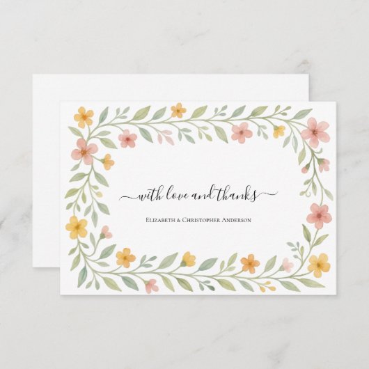 Roze Gele Waterverf Bloemen Dank u Notitiekaartje