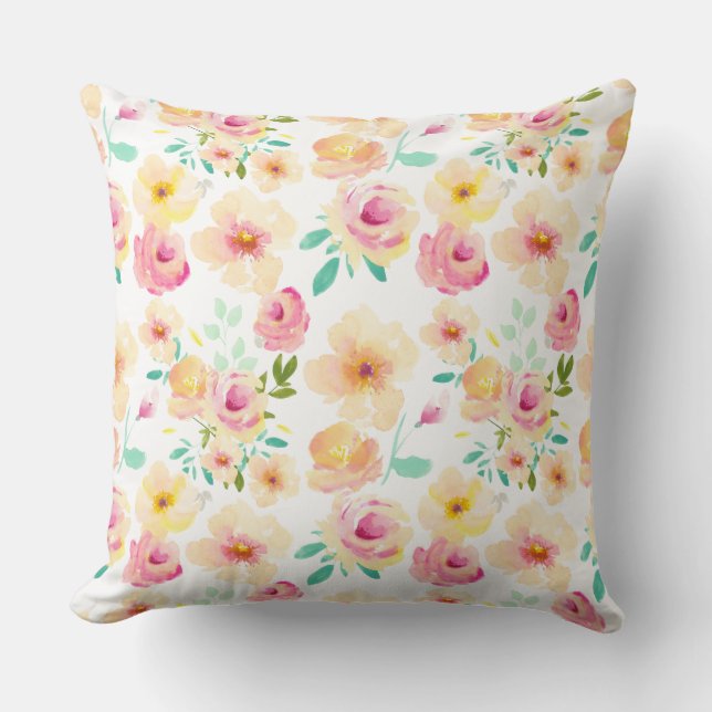  roze gele Waterverf bloemen Kussen (Voorkant)