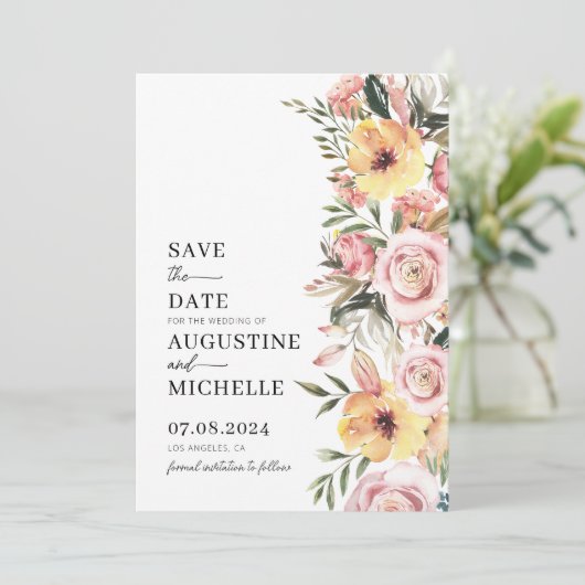 Roze & Gele Waterverf Bloemen Lente Bruiloft Save The Date (Staand voorkant)