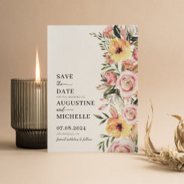 Roze & Gele Waterverf Bloemrijke Lente Bruiloft Save The Date