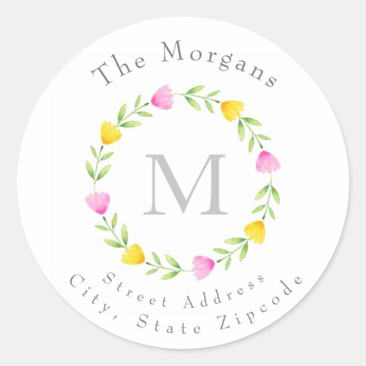 Roze, gele Waterverf Bloemschouderlabel Ronde Sticker (Voorkant)