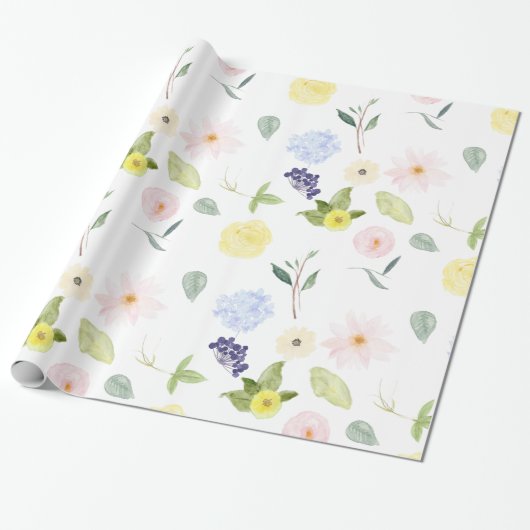 Roze gele Waterverf Floral Cadeaupapier (Uitgerold)