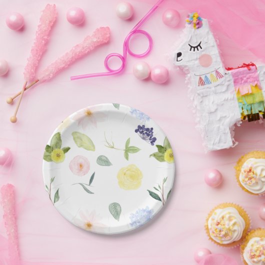 Roze gele Waterverf Floral Papieren Bordje (Feest)
