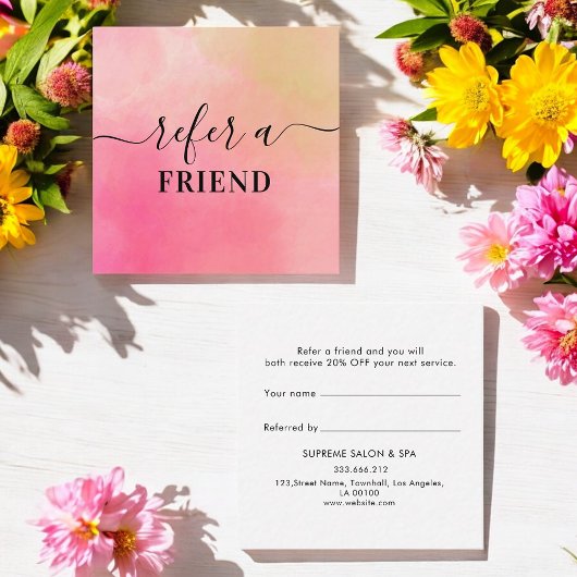 Roze gele Waterverf klantenverwijzingskaart Aanbevelingskaartje