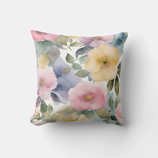 Roze gele Waterverf Rozen Kussen (Voorkant)