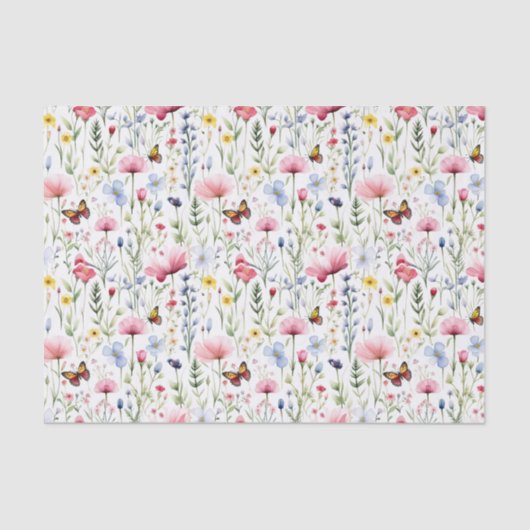 Roze Gele Wildbloemen Vlinder Verjaardag Tissuepapier (Voorkant)