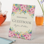 Roze Gele Wildbloemen Weduwen Onderteken ons Guest Reclamebord Met Voetstuk (Insitu)